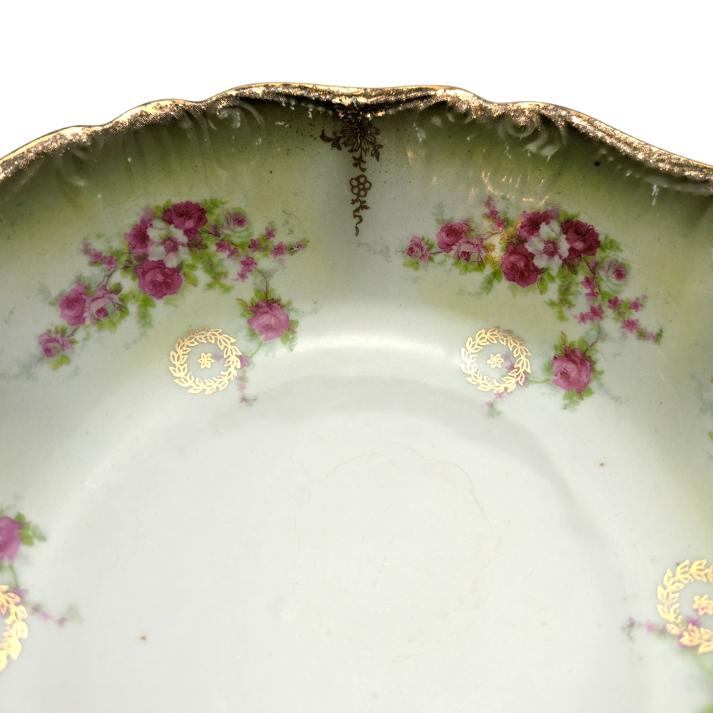 Vintage Serving Bowl Made In Germany Green Hand Painted Pink Roses Gold Gilded - Picture 7 of 12